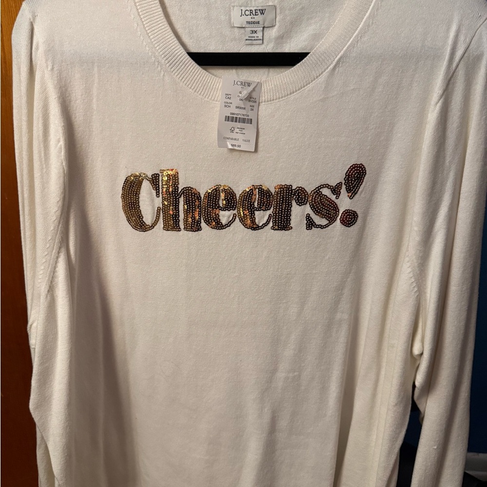J.Crew White Sweater with Gold Sequin 'Cheers!'